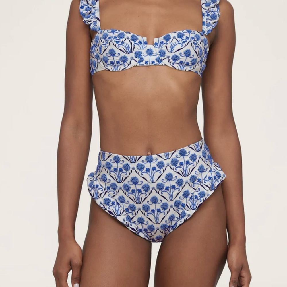Agua by Agua Bendita Blue and White High Waisted Bikini with Ruffles